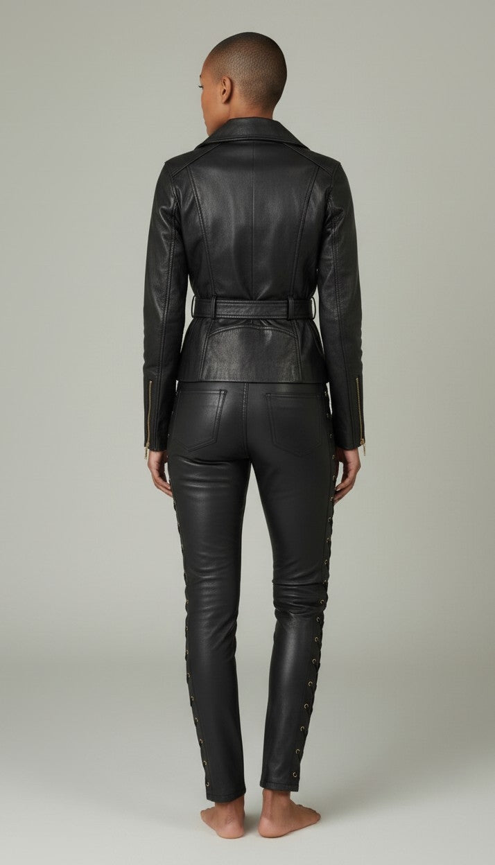 Women Real Lamb Leather Side Laces Up Slim Fit Pants