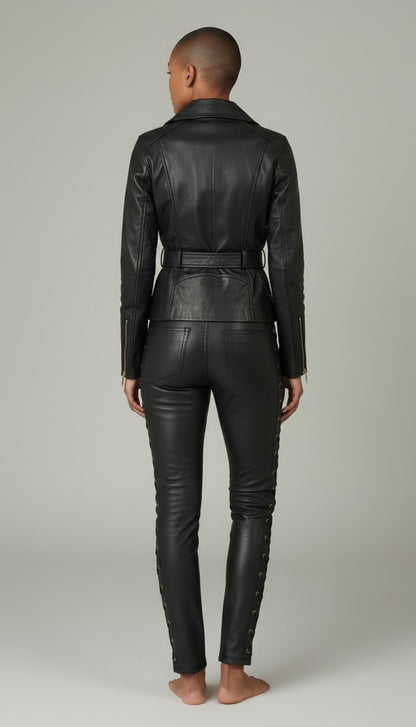 Women Real Lamb Leather Side Laces Up Slim Fit Pants