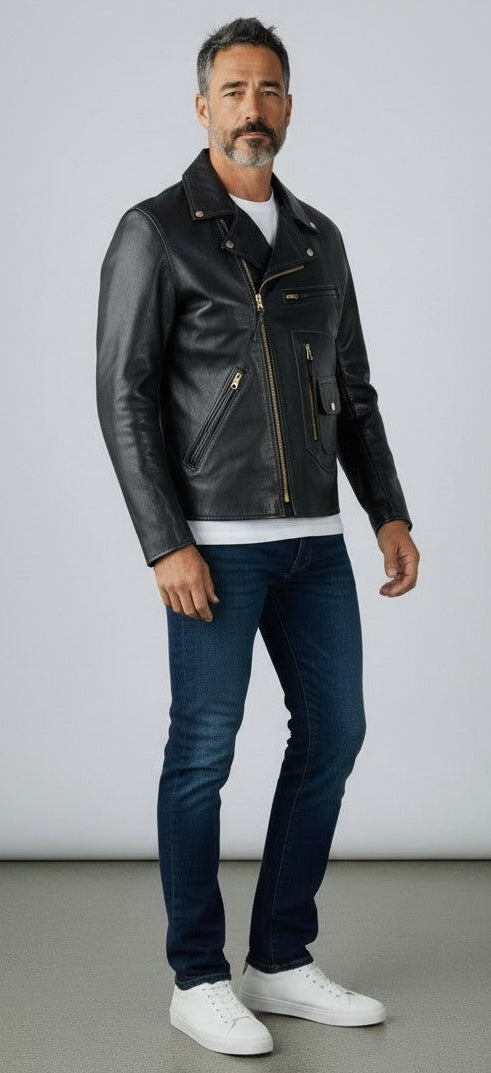 Men's Classic Cowhide Leather Brando Biker Jacket