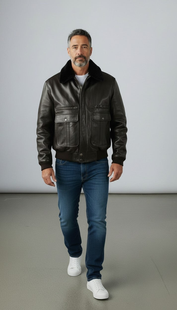 Men's Real Leather Flying Jacket Pilot /Aviator / Bomber With Detachable Fur Collar