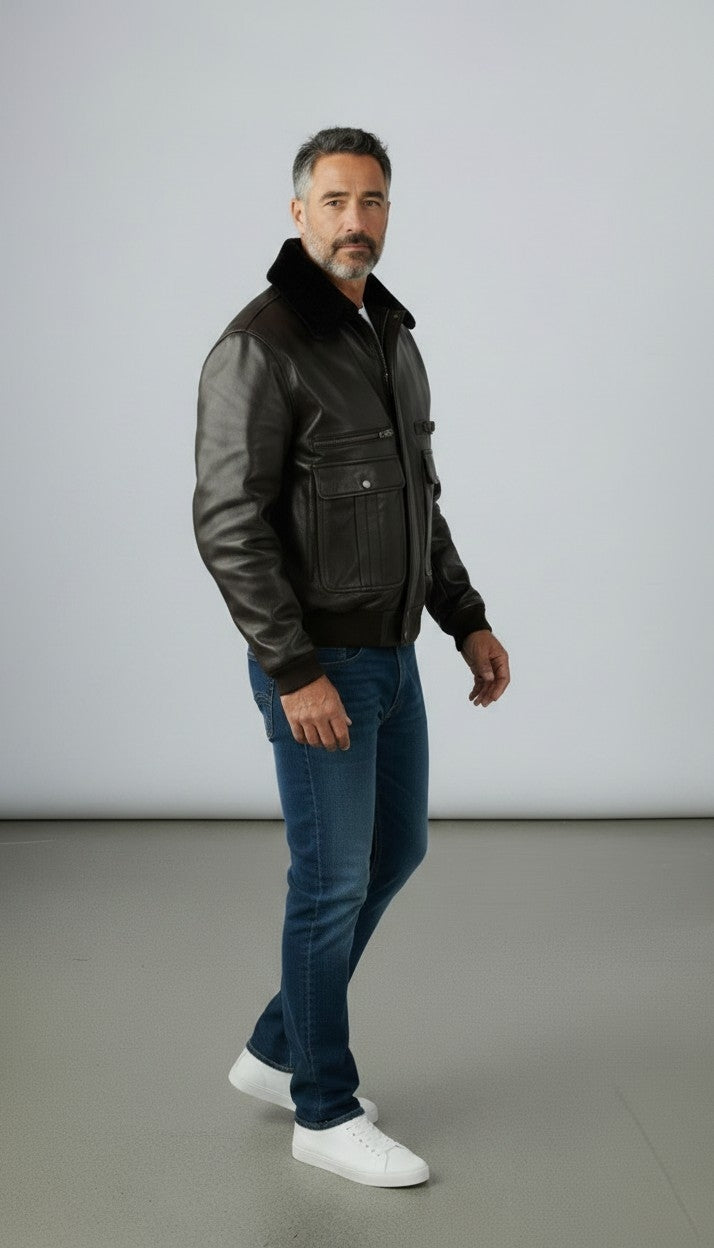 Men's Real Leather Flying Jacket Pilot /Aviator / Bomber With Detachable Fur Collar