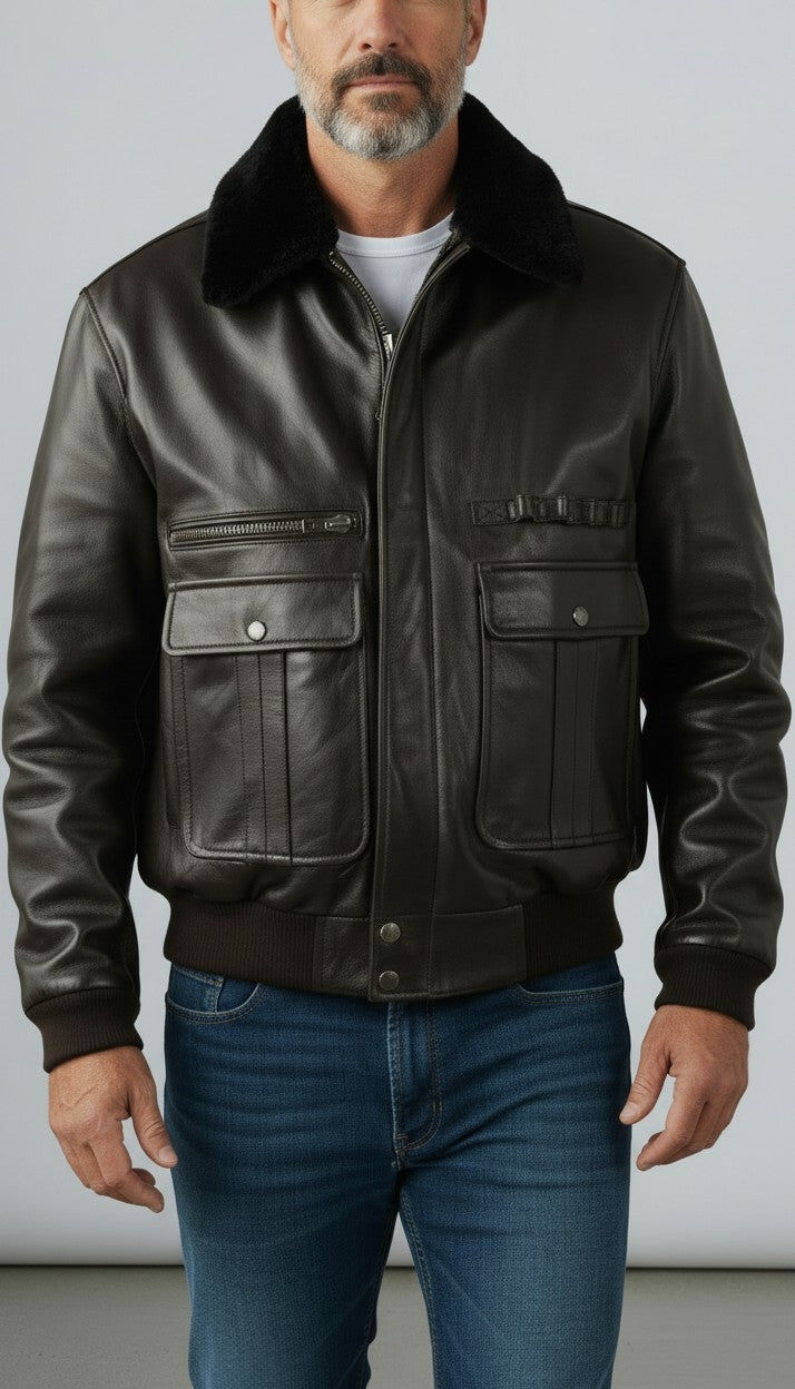 Men's Real Leather Flying Jacket Pilot /Aviator / Bomber With Detachable Fur Collar