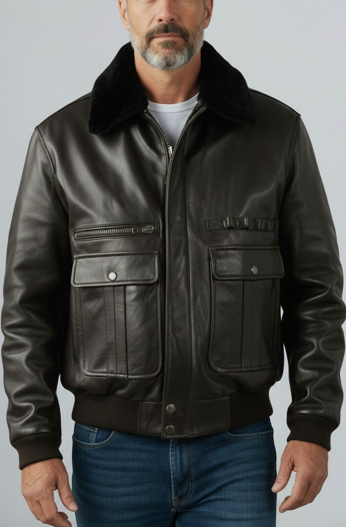 Men's Real Leather Flying Jacket Pilot /Aviator / Bomber With Detachable Fur Collar