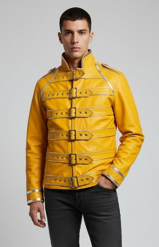 Men's Genuine Cow Leather Military Buckle Parade Jacket Gothic/Punk Jacket