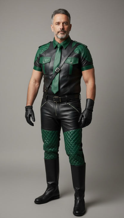 Men's Real Leather Quilted Panels Pants & Police Shirt Green & Black Pants ,Shirt &Tie