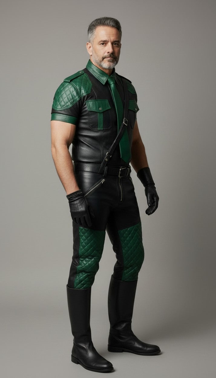 Men's Real Leather Quilted Panels Pants & Police Shirt Green & Black Pants ,Shirt &Tie