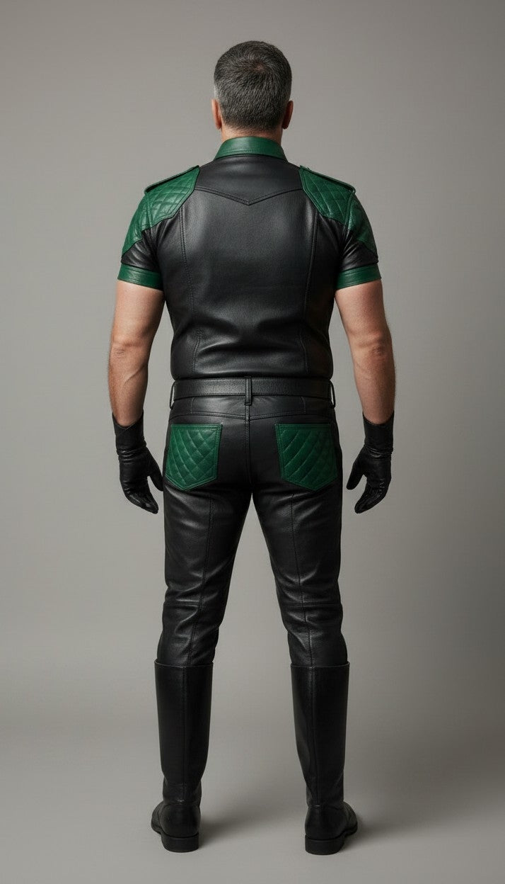 Men's Real Leather Quilted Panels Pants & Police Shirt Green & Black Pants ,Shirt &Tie