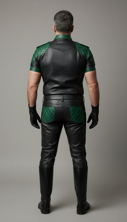 Men's Real Leather Quilted Panels Pants & Police Shirt Green & Black Pants ,Shirt &Tie