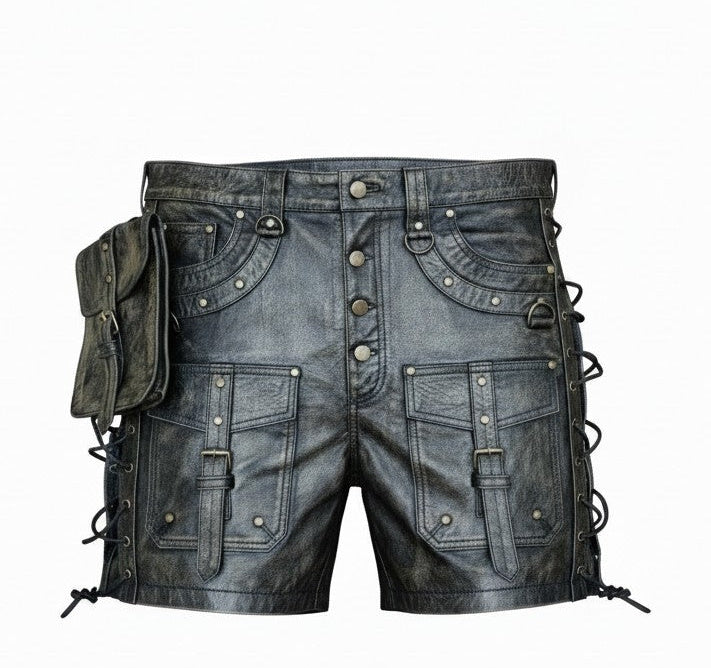 Men's Genuine Distressed Cow Leather Utility Biker/Gothic/Punk Shorts