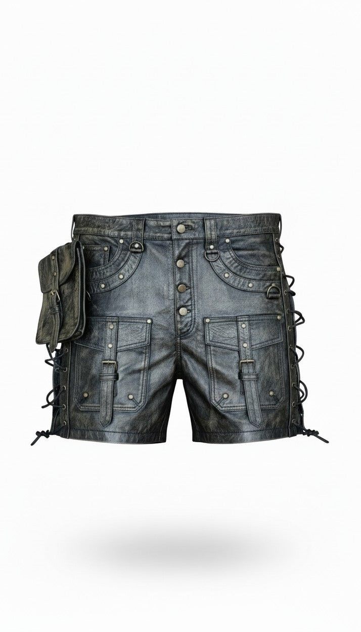 Men's Genuine Distressed Cow Leather Utility Biker/Gothic/Punk Shorts