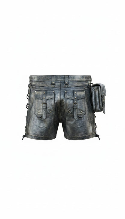 Men's Genuine Distressed Cow Leather Utility Biker/Gothic/Punk Shorts