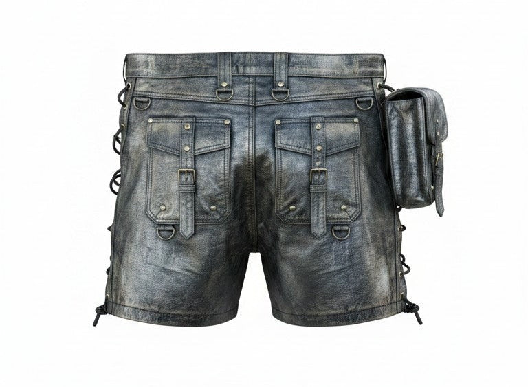 Men's Genuine Distressed Cow Leather Utility Biker/Gothic/Punk Shorts