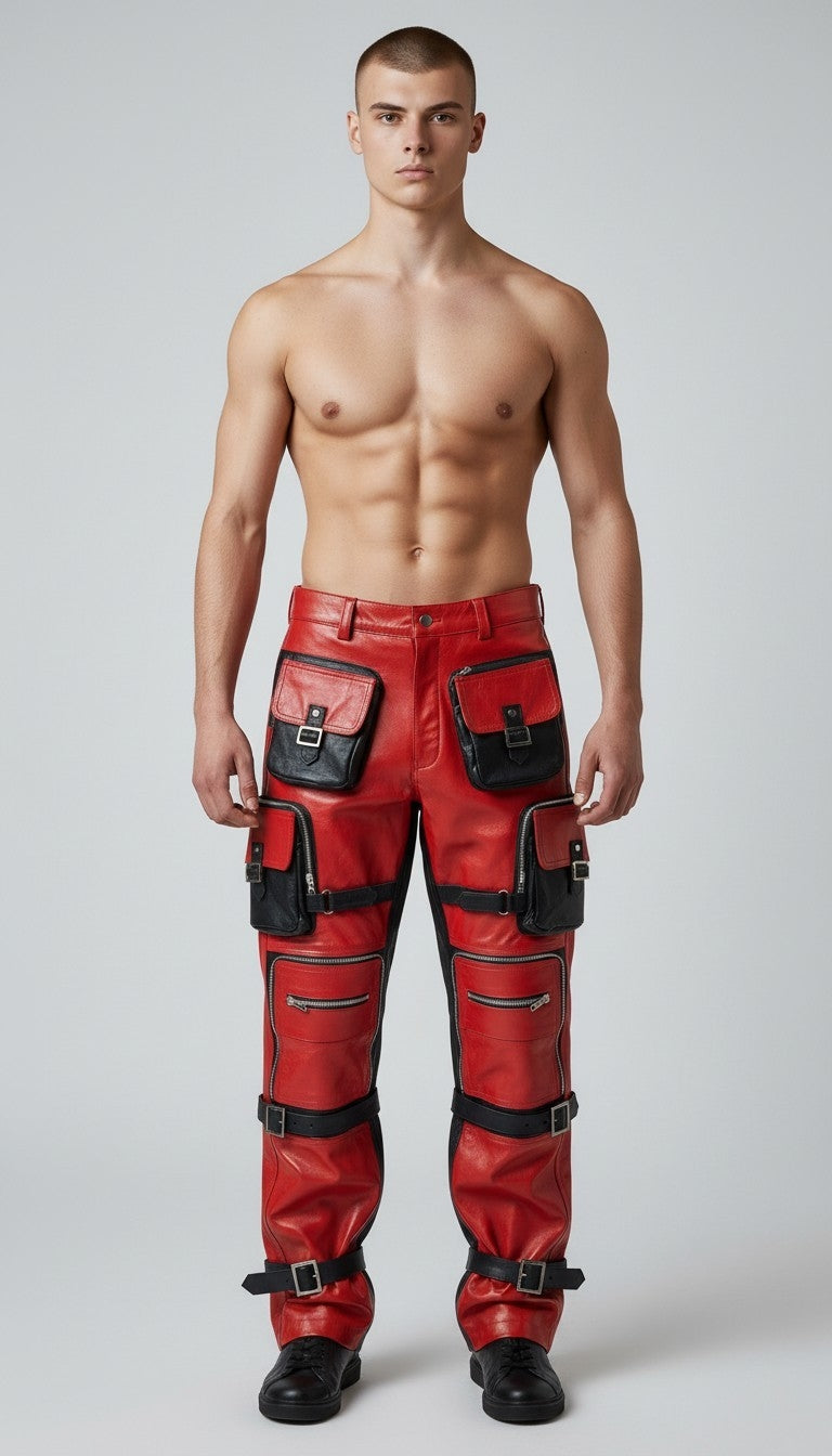 Men's Genuine Cow Leather Multi-Pocket Cargo/Gothic/punk/Rock Pants
