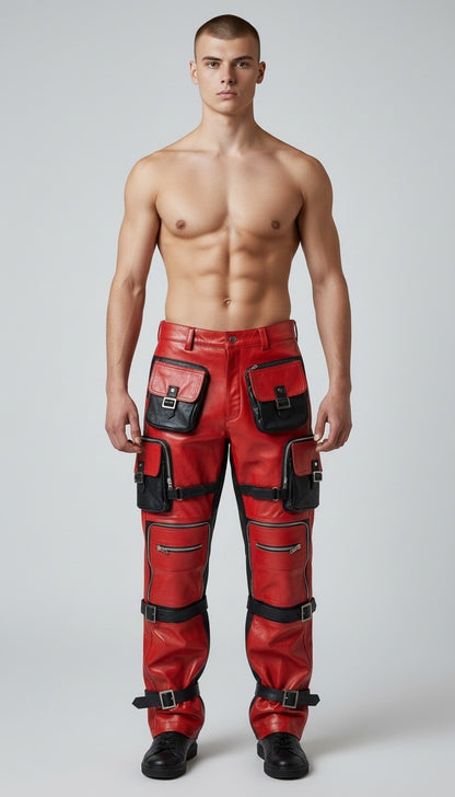 Men's Genuine Cow Leather Multi-Pocket Cargo/Gothic/punk/Rock Pants