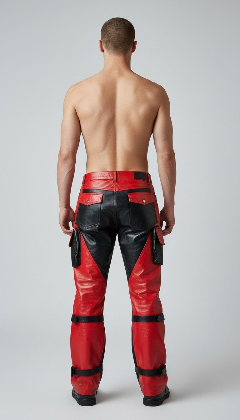 Men's Genuine Cow Leather Multi-Pocket Cargo/Gothic/punk/Rock Pants