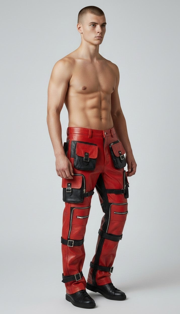 Men's Genuine Cow Leather Multi-Pocket Cargo/Gothic/punk/Rock Pants