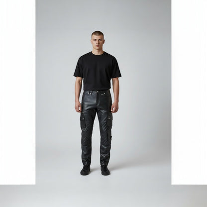 Men’s Real Leather Bikers Pants With Quilted Panels And Cargo Pockets Trousers