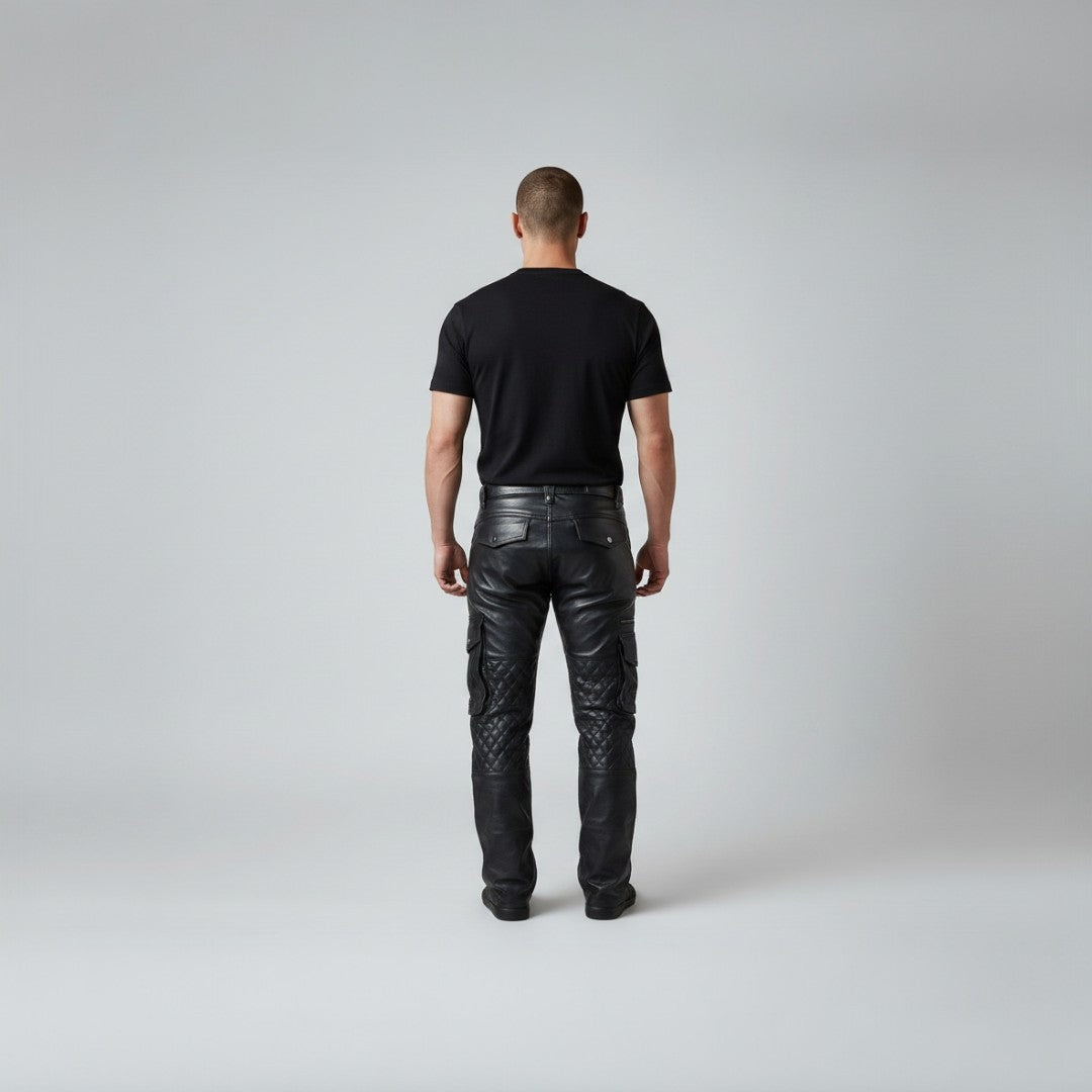 Men’s Real Leather Bikers Pants With Quilted Panels And Cargo Pockets Trousers
