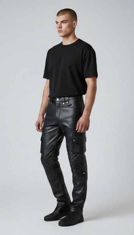 Men’s Real Leather Bikers Pants With Quilted Panels And Cargo Pockets Trousers