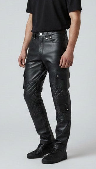 Men’s Real Leather Bikers Pants With Quilted Panels And Cargo Pockets Trousers