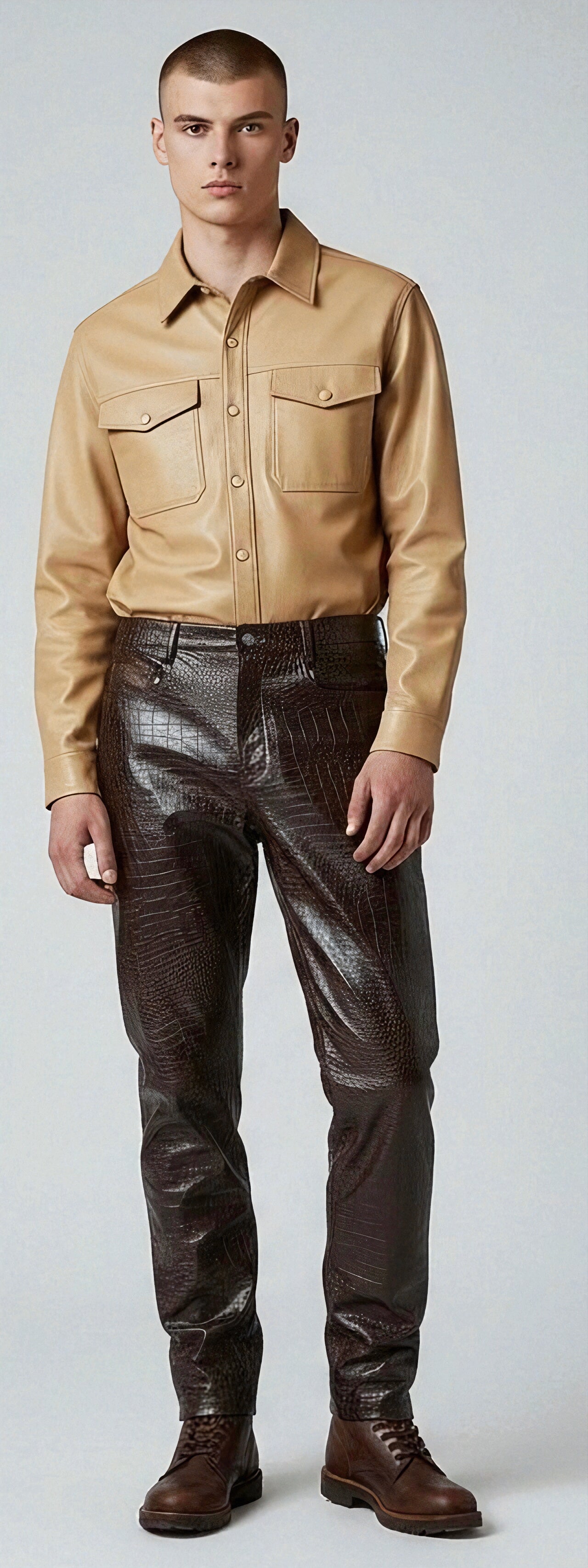 Men's Real Crocodile Print Two Tone Leather 5 Pockets Pants