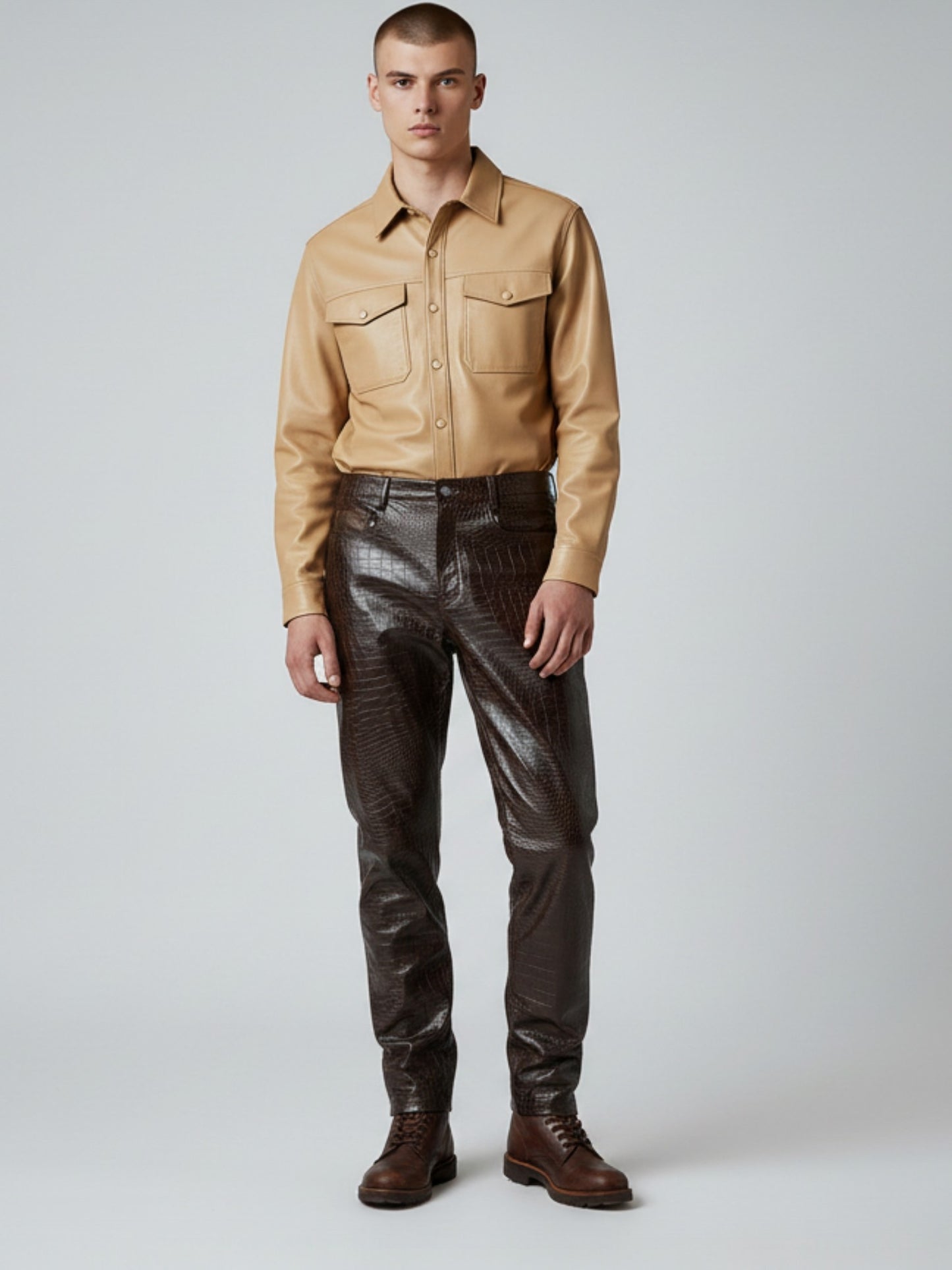 Men's Real Crocodile Print Two Tone Leather 5 Pockets Pants