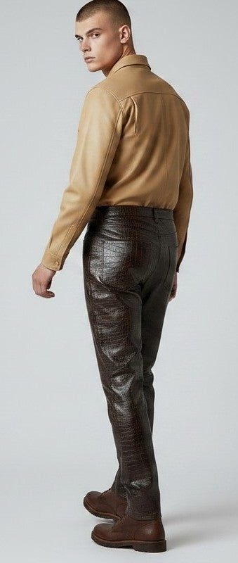 Men's Real Crocodile Print Two Tone Leather 5 Pockets Pants