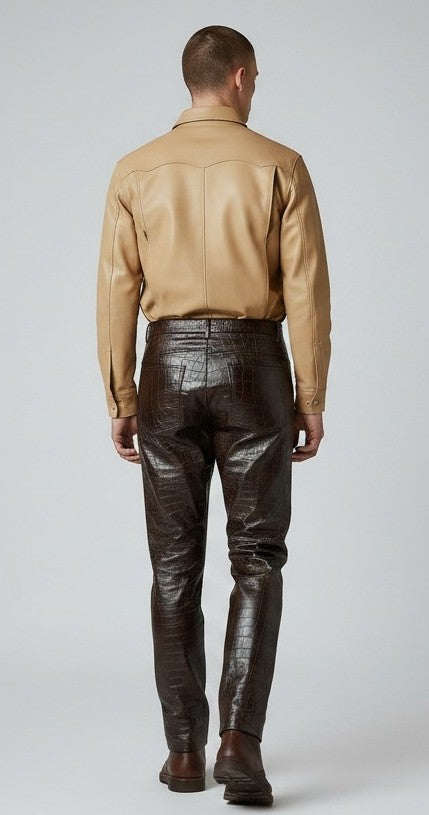 Men's Real Crocodile Print Two Tone Leather 5 Pockets Pants