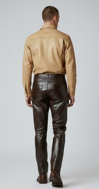 Men's Real Crocodile Print Two Tone Leather 5 Pockets Pants