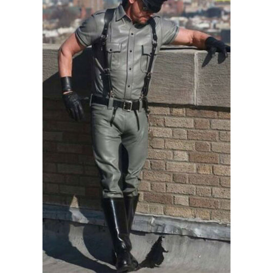 Men’s Real Leather Carpenter Pants – Police Leather Shirt BLUF Grey Pants & Shirt