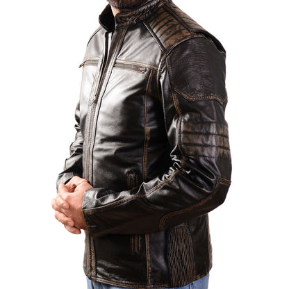 Men's Real Distressed Leather Quilted Bikers Jacket Embossed Skull Back Jacket: