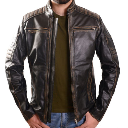 Men's Real Distressed Leather Quilted Bikers Jacket Embossed Skull Back Jacket: