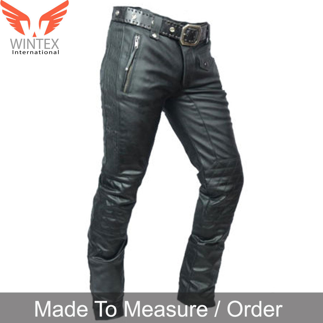Men’s Real Cowhide Leather Bikers Pants Leather Quilted Panels Bikers Pants