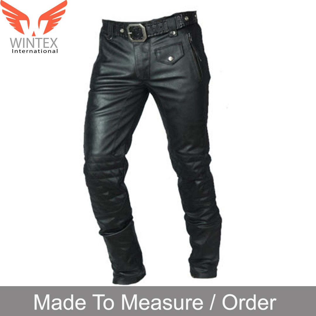 Men’s Real Cowhide Leather Bikers Pants Leather Quilted Panels Bikers Pants