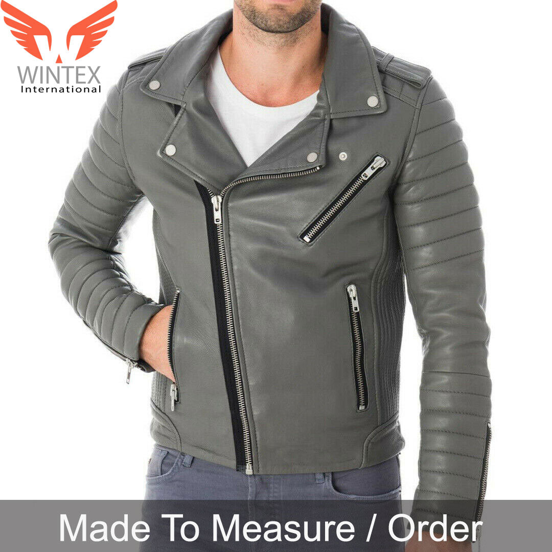 Men’s Natural Cowhide Leather Bikers Jacket – Quilted Panels Grey Bikers Jacket