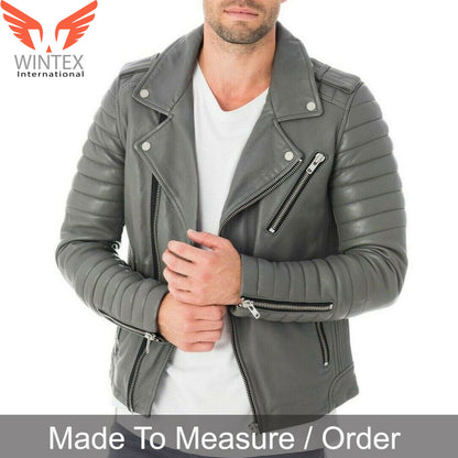 Men’s Natural Cowhide Leather Bikers Jacket – Quilted Panels Grey Bikers Jacket