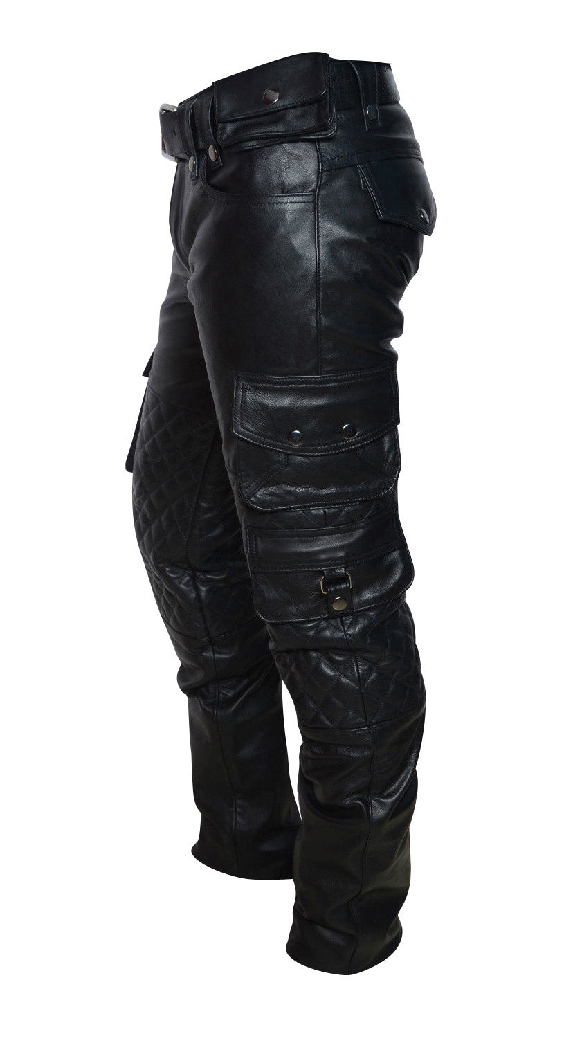 Premium Black Natural Grain Cowhide Leather Cargo Pants.