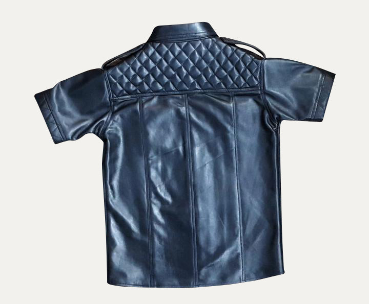 Men's Real Lamb Leather Police Shirt Quilted Panels Gay Leather Shirt