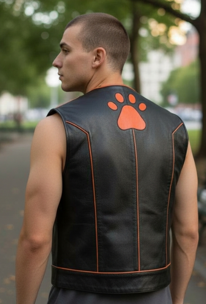 Men's Real Cow Leather Contrast Piping & PAW Logo BLUF / Bikers Vest