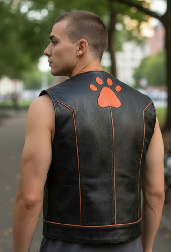 Men's Real Cow Leather Contrast Piping & PAW Logo BLUF / Bikers Vest