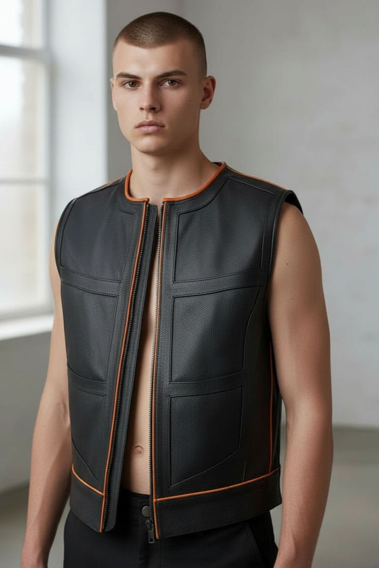 Men's Real Cow Leather Contrast Piping & PAW Logo BLUF / Bikers Vest