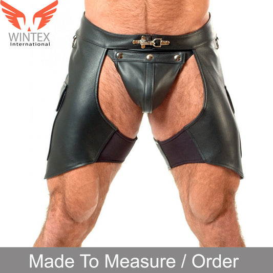Men’s Real Cowhide Unique Style Black Leather Chaps Leather Chaps With Jock Strap