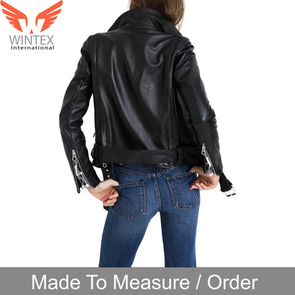 Women’s Real Lamb Bikers Jacket With Waist Belt Leather Bikers Jacket
