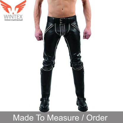Men’s Real Leather Pants Bikers Pants With Color Piping Bikers Pants BLUF Pants