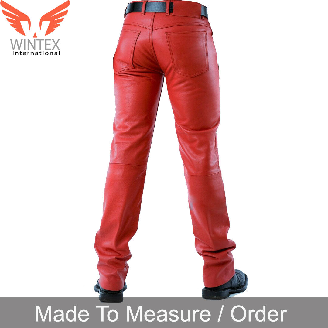 Men’s Real Leather Bikers 5 Pockets Pants Red Leather 5 Pockets Leather Pants