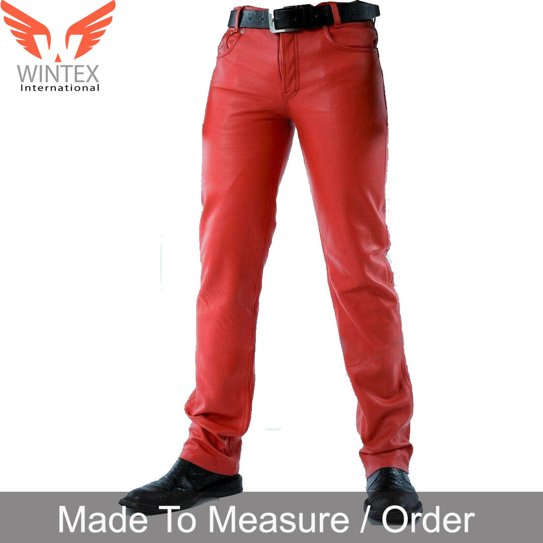 Men’s Real Leather Bikers 5 Pockets Pants Red Leather 5 Pockets Leather Pants