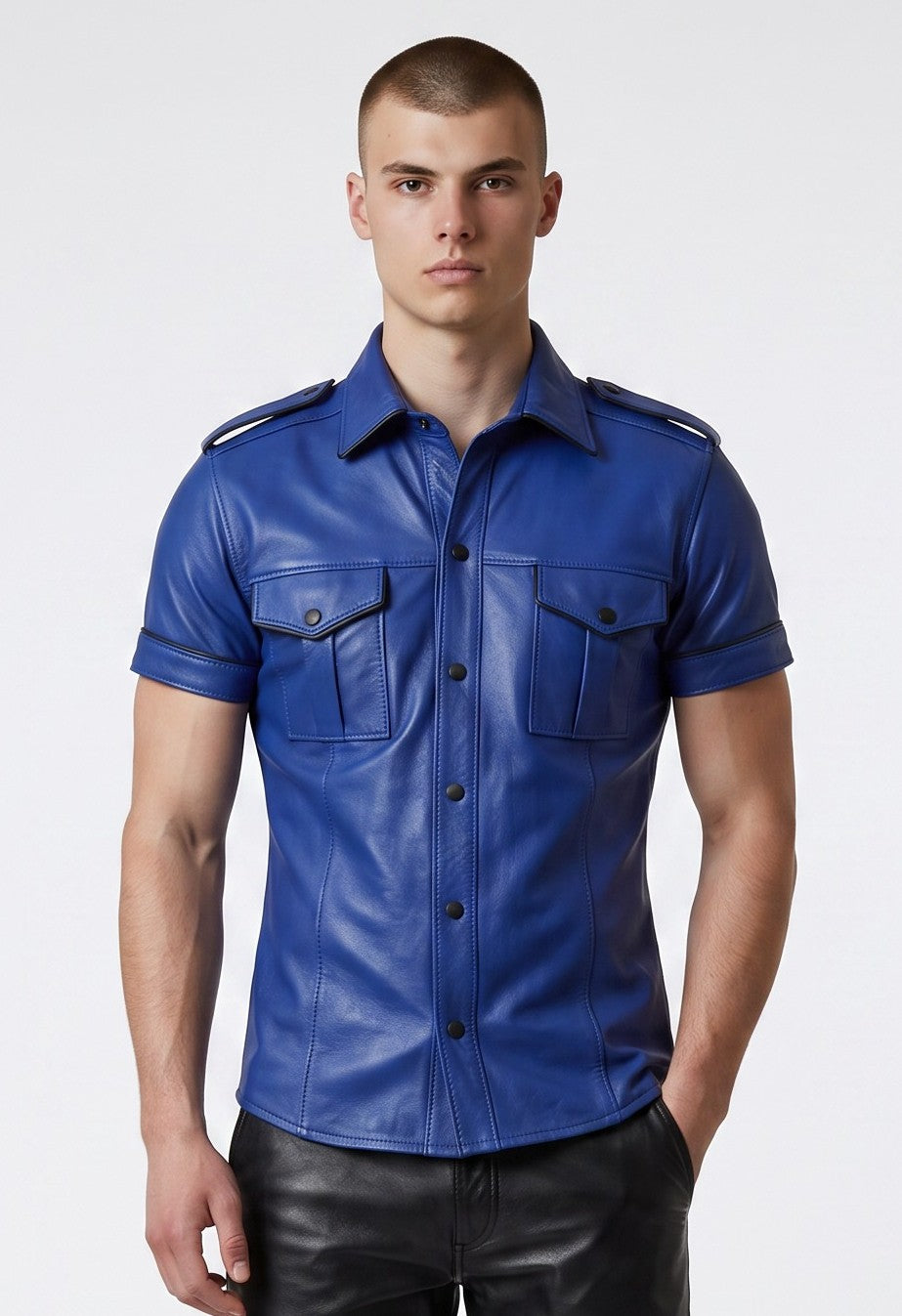 Men’s Lamb Leather Short Sleeves Leather Shirt Blue Leather Shirt With Black Piping