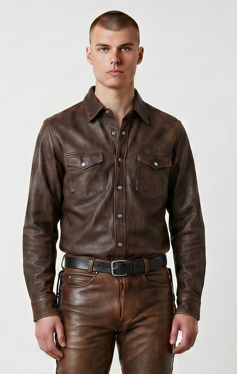 Men's Real Cowhide Distressed Leather Full Sleeves Shirt