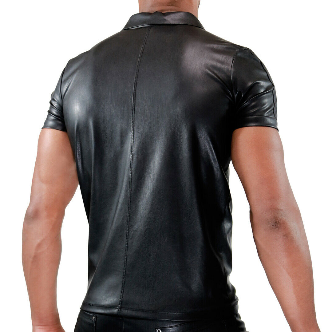 MEN'S REAL LEATHER SHORT SLEEVES ZIP UP SHIRT