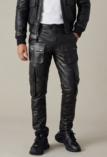 Men's Real Cowhide Leather Cargo Pants Bikers Pants